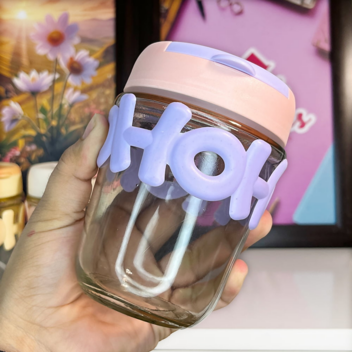 HOHO Cute Glass Milk Jar with Straw & Silicone Lid | 350ml Leakproof Reusable Mason Tumbler | Aesthetic Smoothie & Juice Cup for Kids & Adults | Pastel Purple Silicone Sleeve | 12cm x 7cm | Eco-Friendly Drinkware