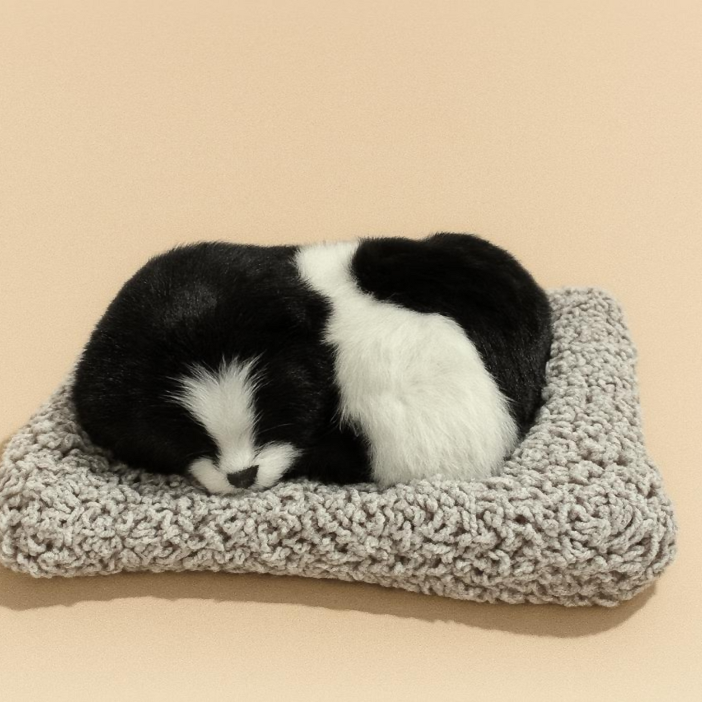 Premium Black & White Sleeping Puppy Dashboard Toy – Ultra-Soft Faux Fur Realistic Dog Figurine with Cozy Plush Knitted Bed, Cute Car Dashboard Decor Ornament, Home & Office Table Showpiece, Adorable Gift for Dog Lovers & Kids