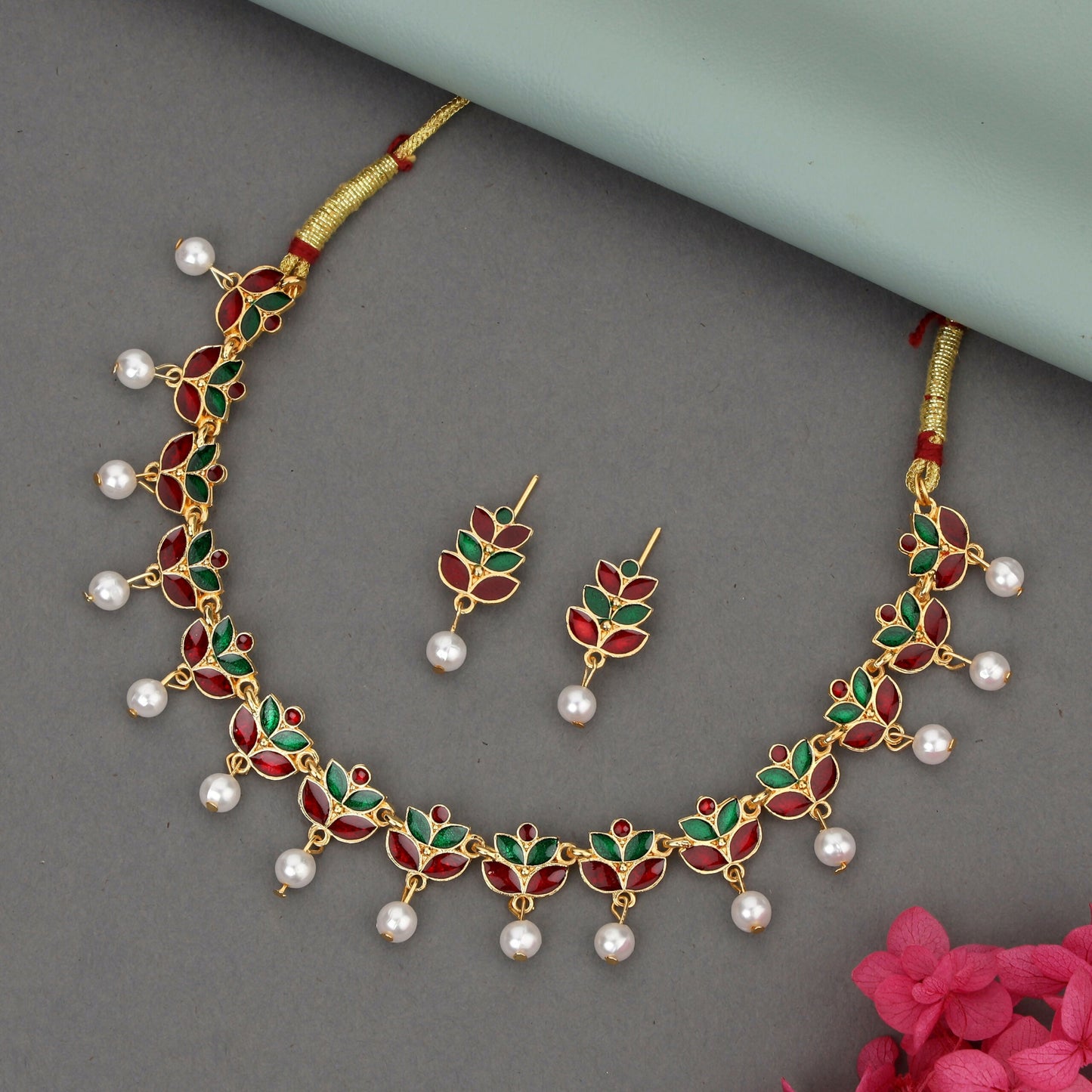 Rose Gold-Tone Bright Red & Green Enamel Lotus Choker Set