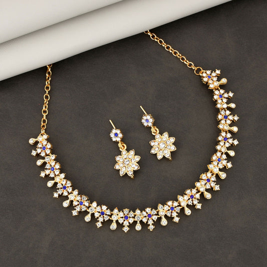 Diamond-Look Floral Choker Necklace Set with Blue Accents