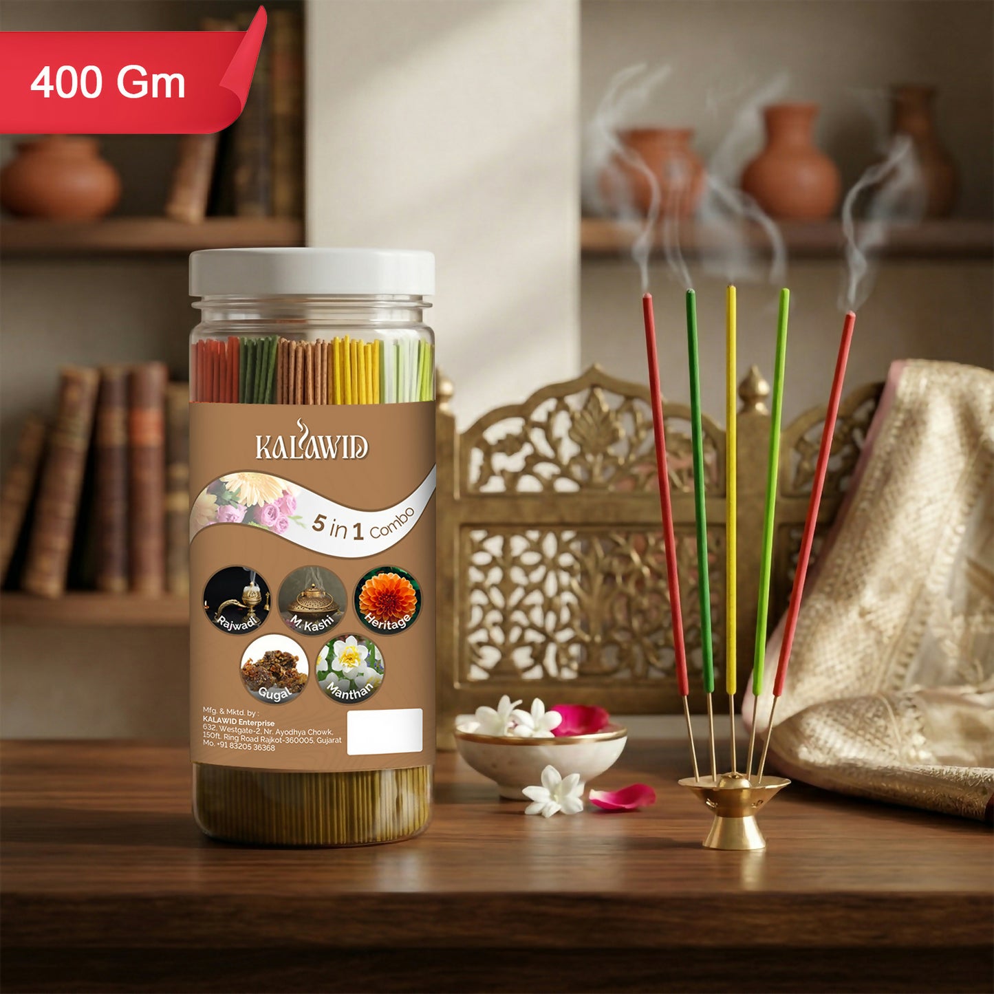 Premium Agarbatti 5 In 1 Combo with Rajwadi, Masalakashi, Heritage, Gugal, Manthan Fragrances for Long Lasting Aroma (400 Gm)