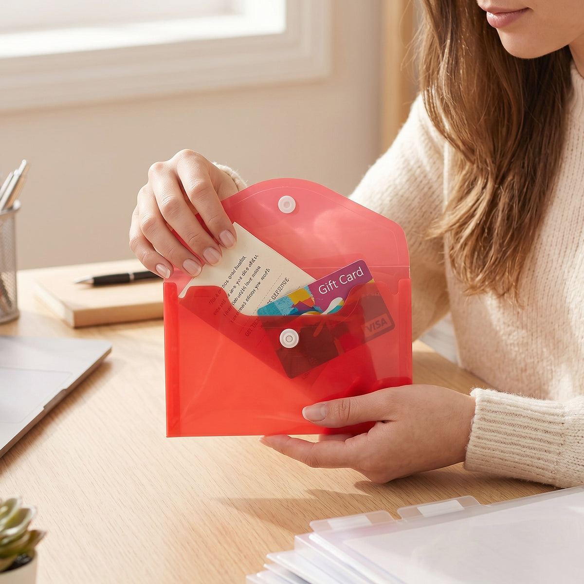 Clear plastic document folder with secure snap button for office and school use