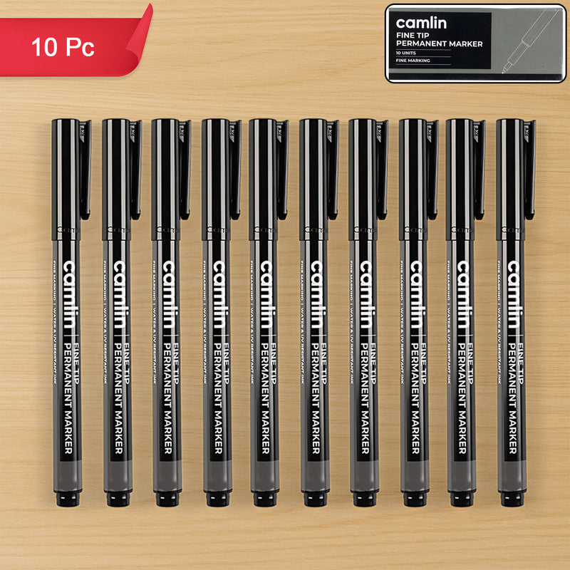 Camlin Fine Tip Permanent Marker – Black Color Precise Writing Markers (Pack of 10)