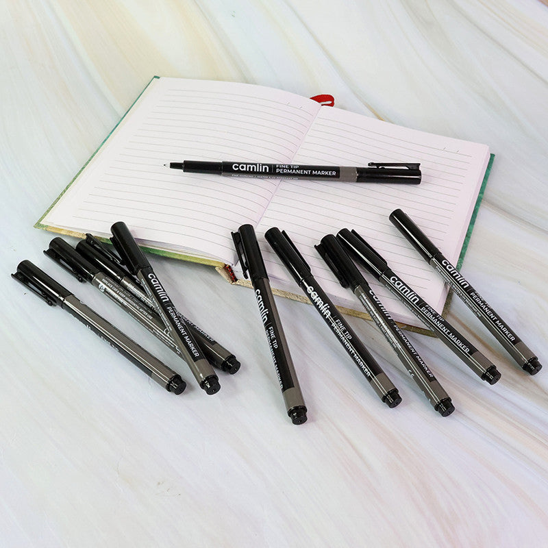 Camlin Fine Tip Permanent Marker – Black Color Precise Writing Markers (Pack of 10)