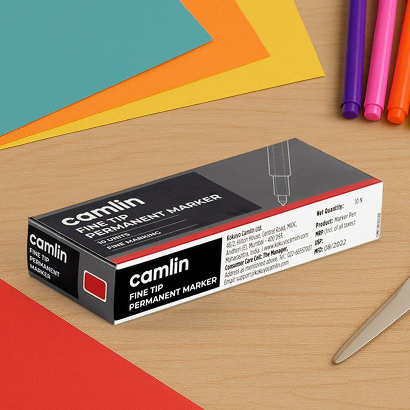 Camlin Fine Tip Permanent Marker – Red Color Precise Writing Markers (Pack of 10)