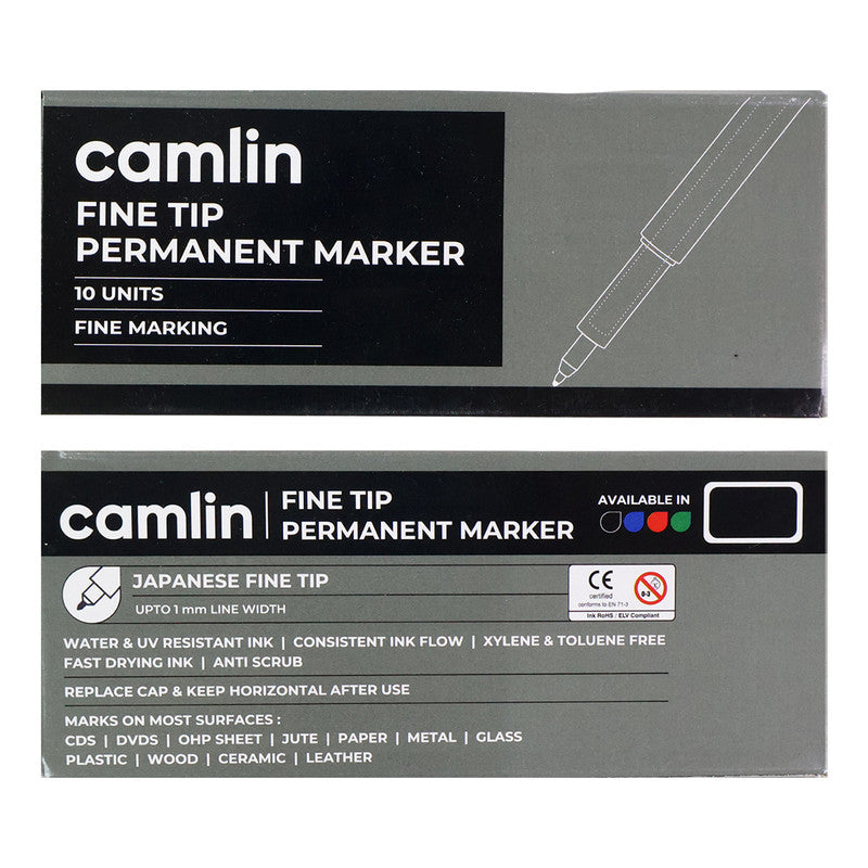 Camlin Fine Tip Permanent Marker – Black Color Precise Writing Markers (Pack of 10)