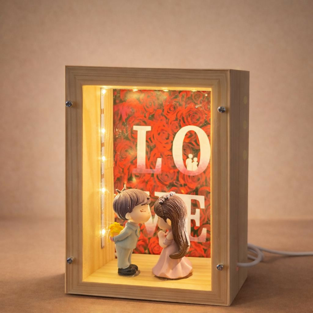 Wooden Couple Shadow Box Lamp for Bedroom, Table & Gift Decor