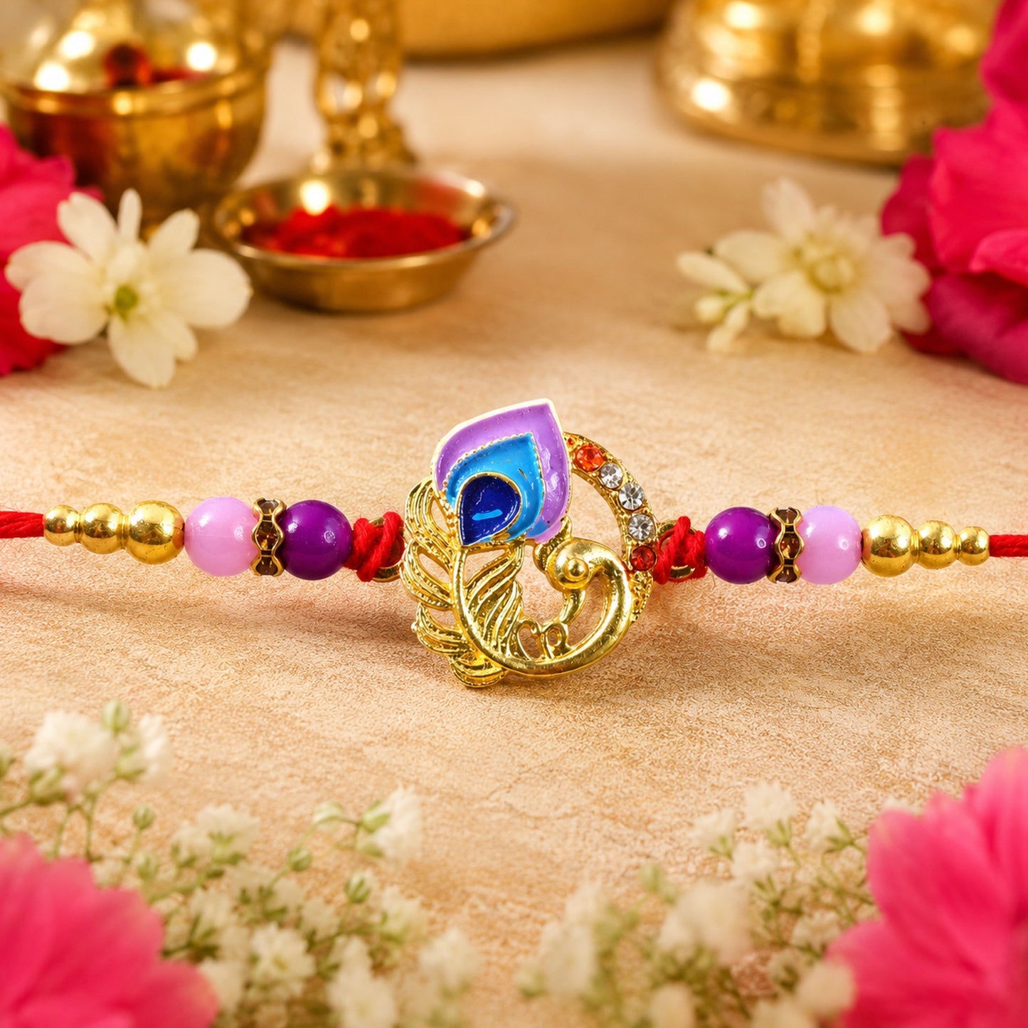 Curved Peacock Purple Blue Designer Rakhi display on white background