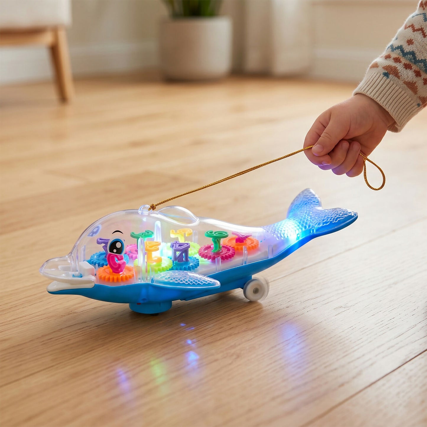 Colorful Musical Light-Up Dolphin Toy with Rotating Gears and Pull String for Kids
