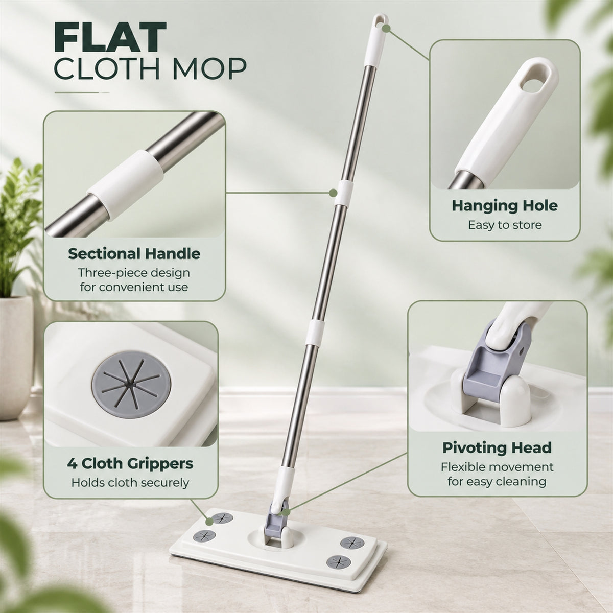 Rotating Flat Mop with Sectional Rod and Cloth Clips for Cleaning (110 x 26 Cm)