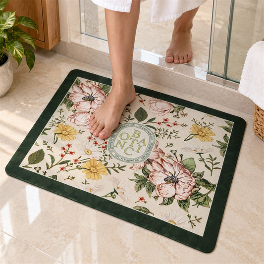 Vintage floral garden bath mat green border