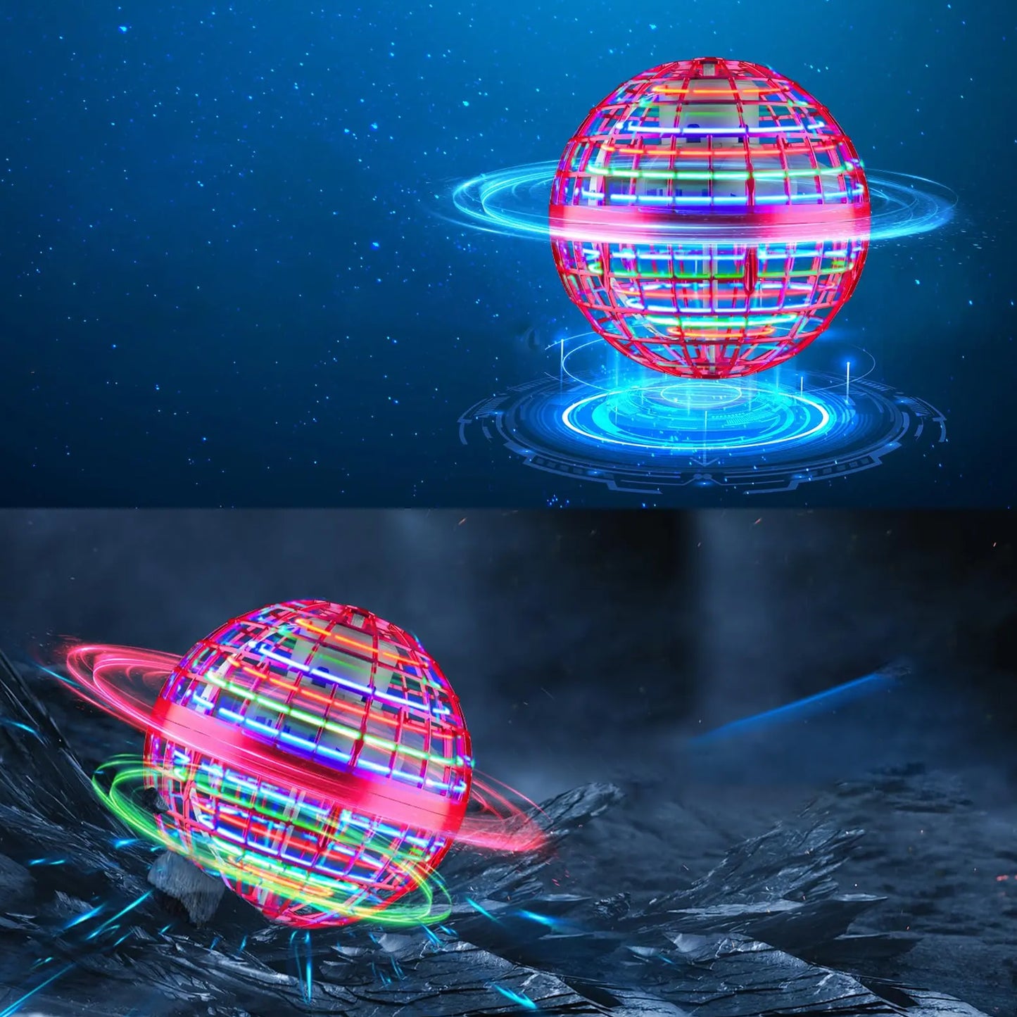 Flying Ball Toys, USB Rechargeable Built-in RGB Lights 360°Rotating Magic Controller