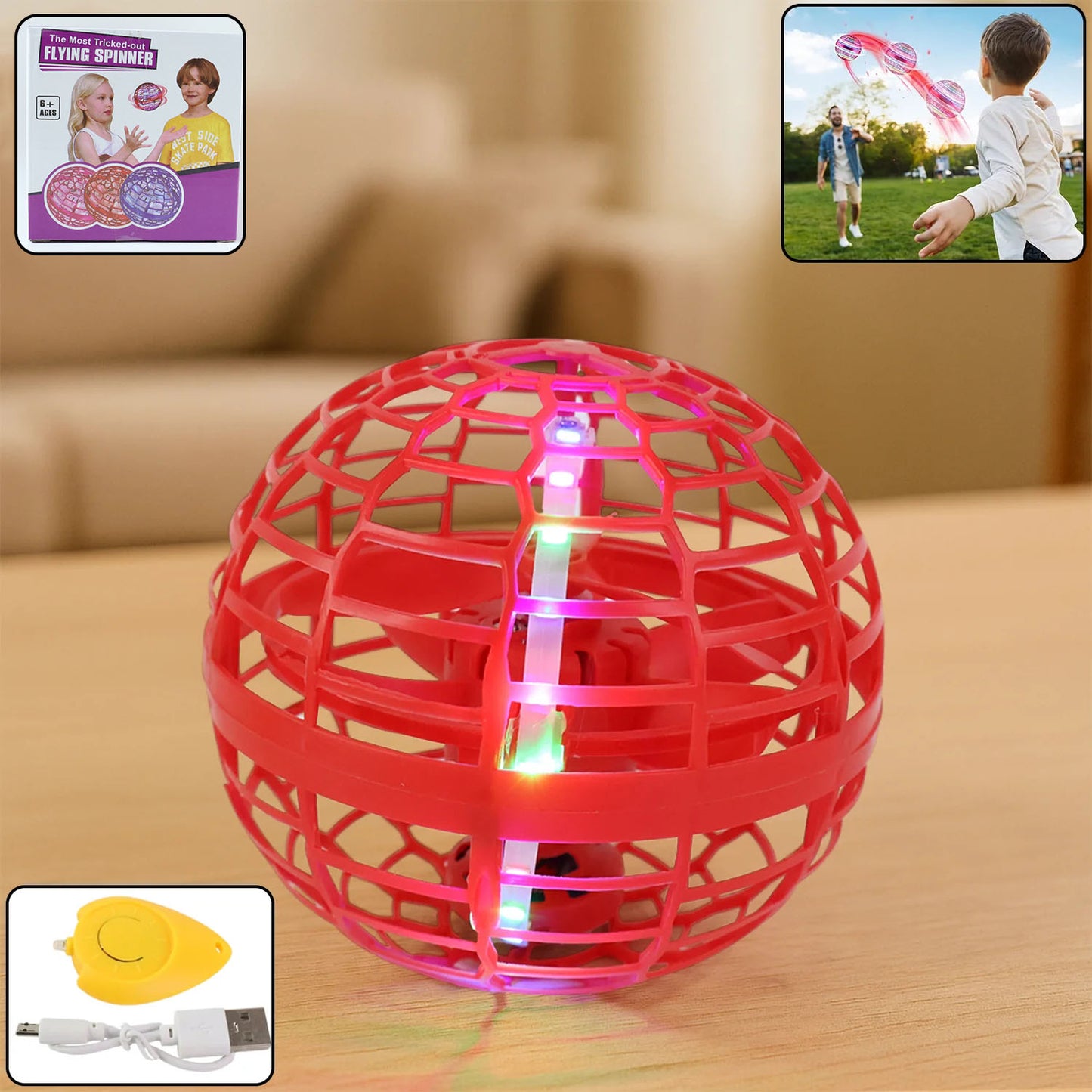 Flying Ball Toys, USB Rechargeable Built-in RGB Lights 360°Rotating Magic Controller