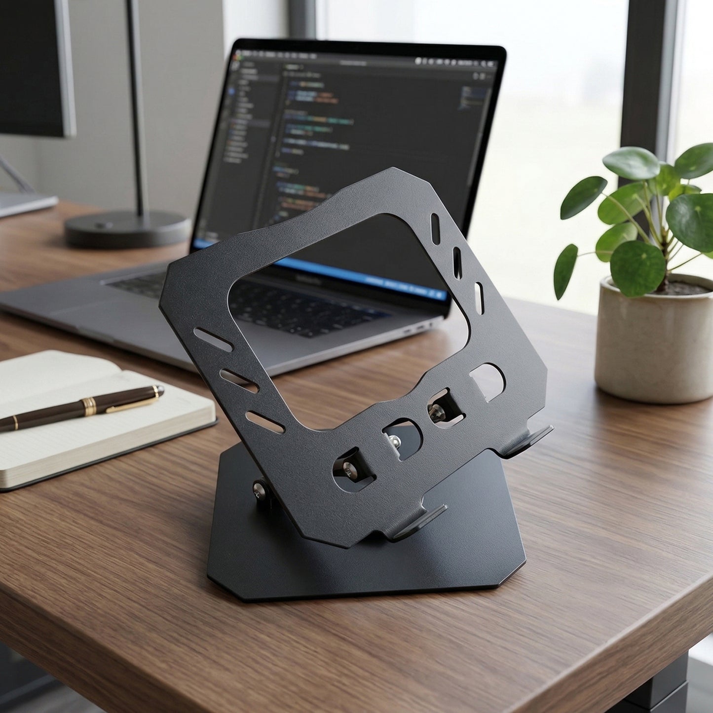Foldable metal tablet stand angled view