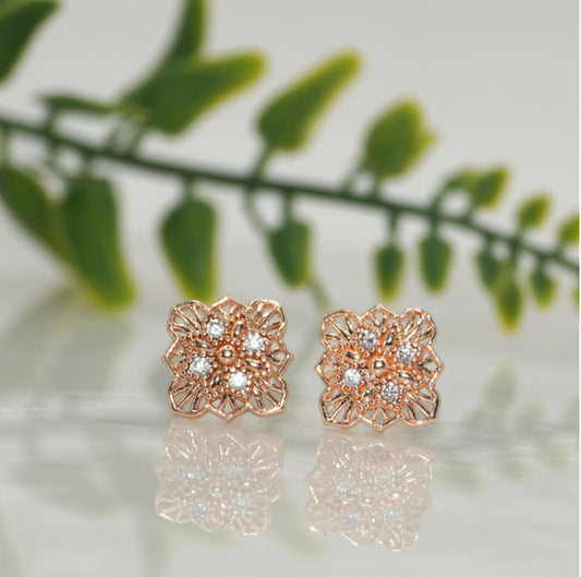 Rose Gold Filigree Square Stud Earrings with AD