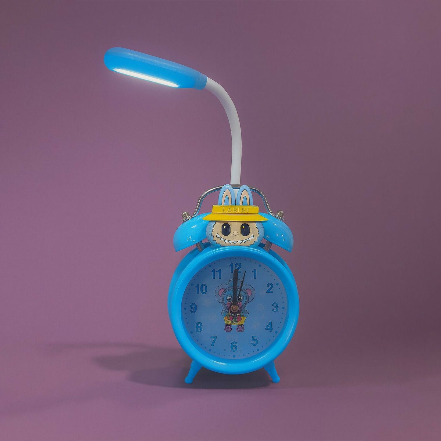 Kids Cartoon Blue Alarm Clock with LED Reading Lamp | Cute Rabbit Design, Dual Bell Analog Table Clock with Night Light, Adjustable LED Arm Lamp for Kids Bedroom, Study Table & Birthday Gift