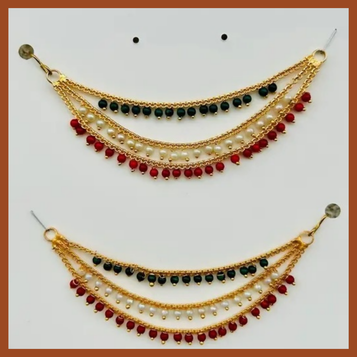 Gold-Plated Ear Chain Kanser with Red Green Beads and Pearls for Women’s Wedding Jewelry