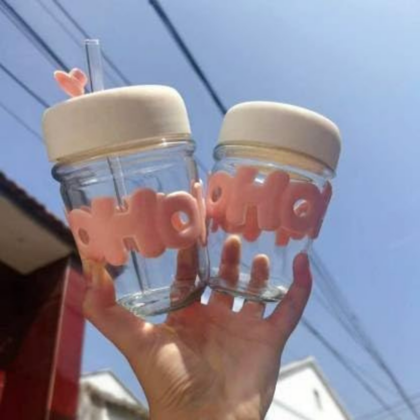 HOHO Cute Glass Milk Jar with Straw & Silicone Lid | 350ml Leakproof Reusable Smoothie Cup | Aesthetic Mason Jar Tumbler for Kids & Adults | Iced Coffee, Juice & Milkshake Cup | 12cm x 7cm | Pastel Pink