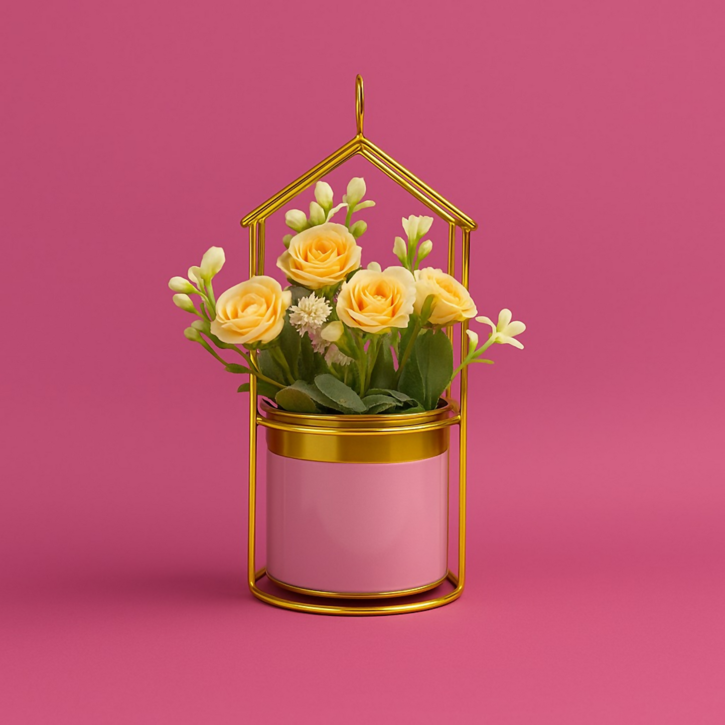 Elegant Yellow Artificial Flower Pot with Golden Metal Stand and Pink Pot | Decorative Faux Plant for Living Room, Bedroom, Office & Tabletop Home Decor | Premium Gift for Housewarming & Festive Decor
