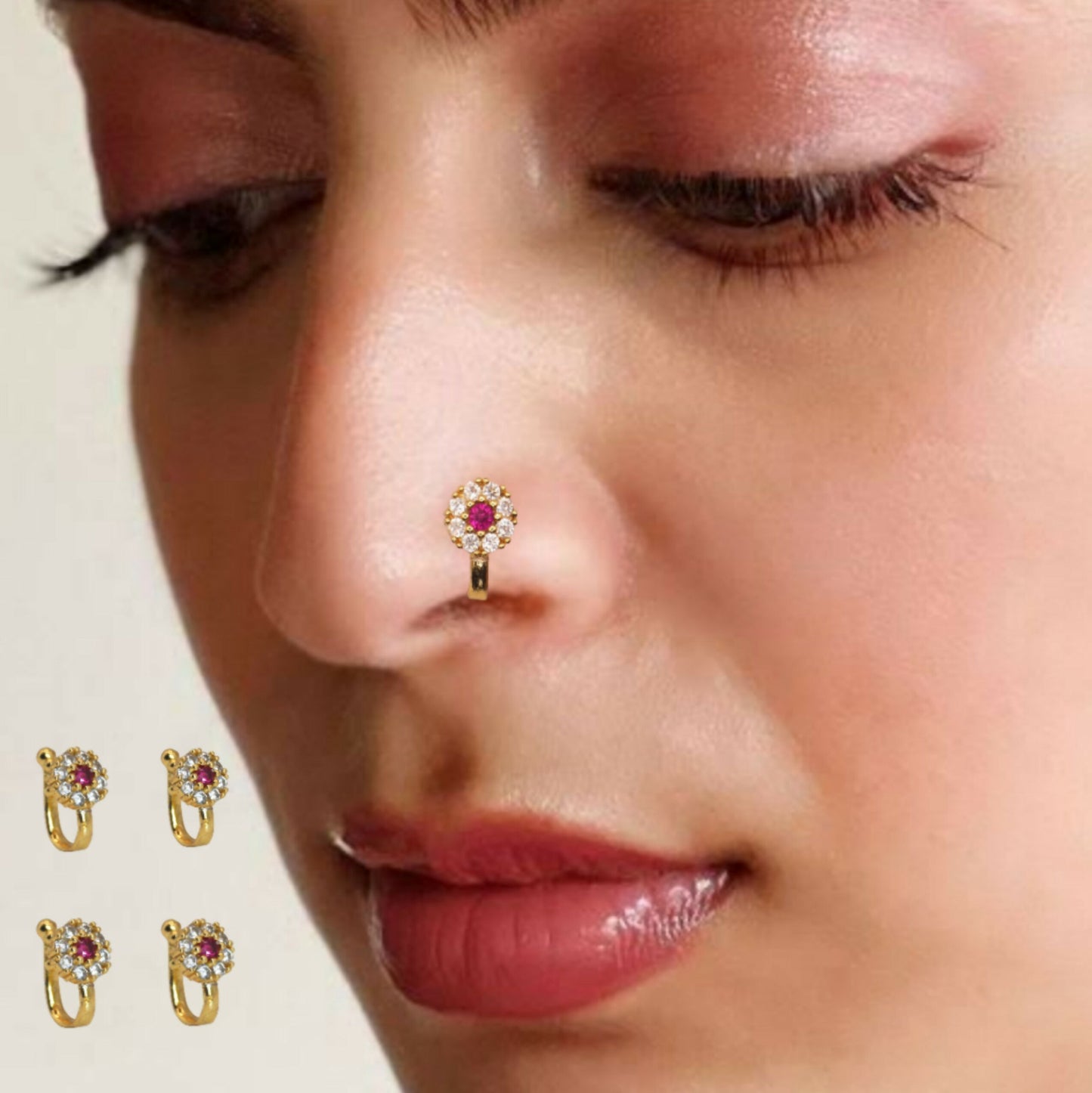 Gold Plated Ruby Floral Nose Clip On Ring (4-Pack)