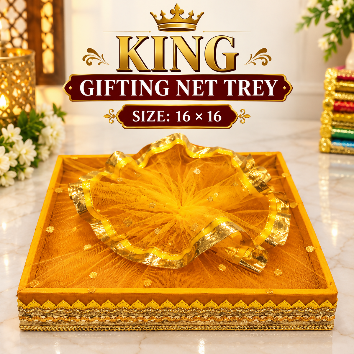 A yellow square tray with ruffled net and gold border, with text overlay and decorative elements, on a patterned surface.