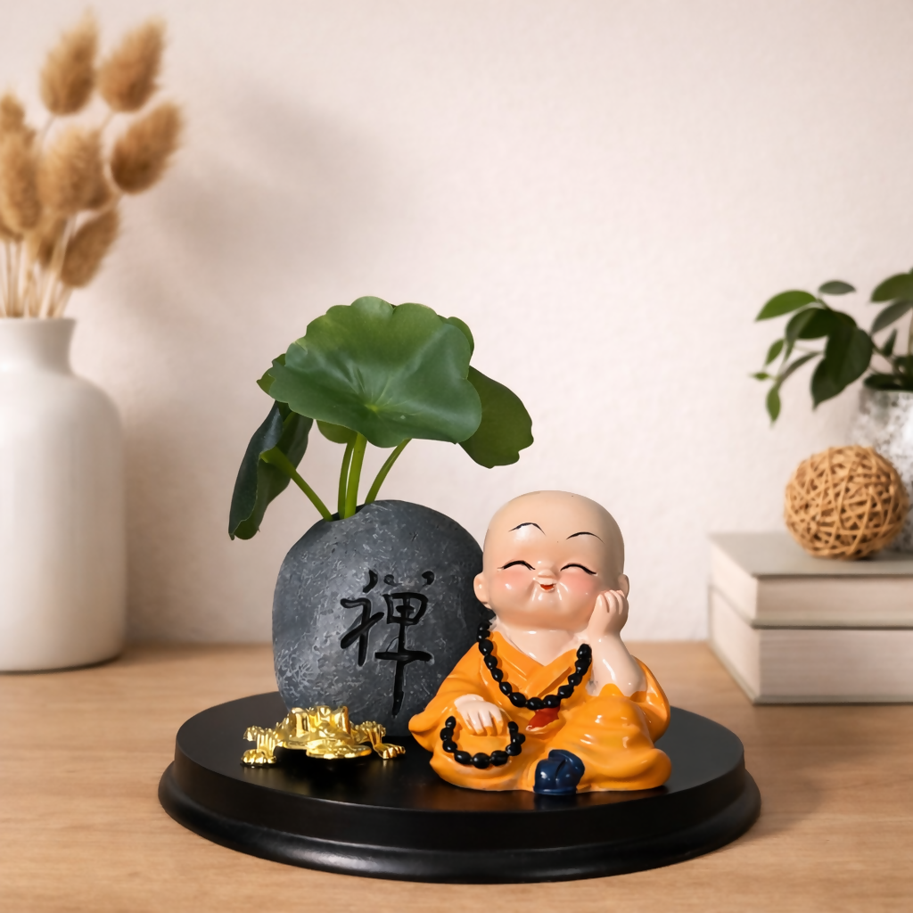 Zen Monk Showpiece with Lucky Money Frog & Mini Planter — Home & Office Decor(ANY COLOR)