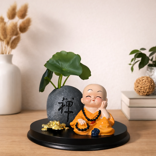 Zen Monk Showpiece with Lucky Money Frog & Mini Planter — Home & Office Decor(ANY COLOR)