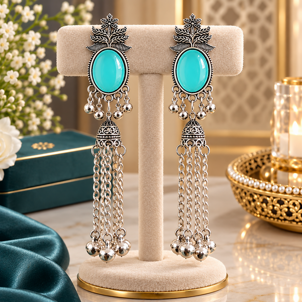 Turquoise Tassel Earrings on Velvet Stand