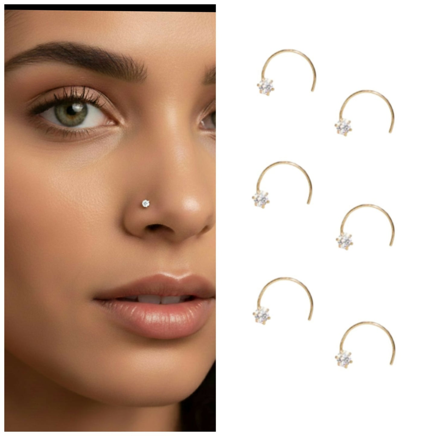 Gold plated nose screw stud with sparkling cubic zirconia stone