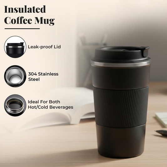 Stainless steel insulated travel mug with leakproof lid and grip sleeve