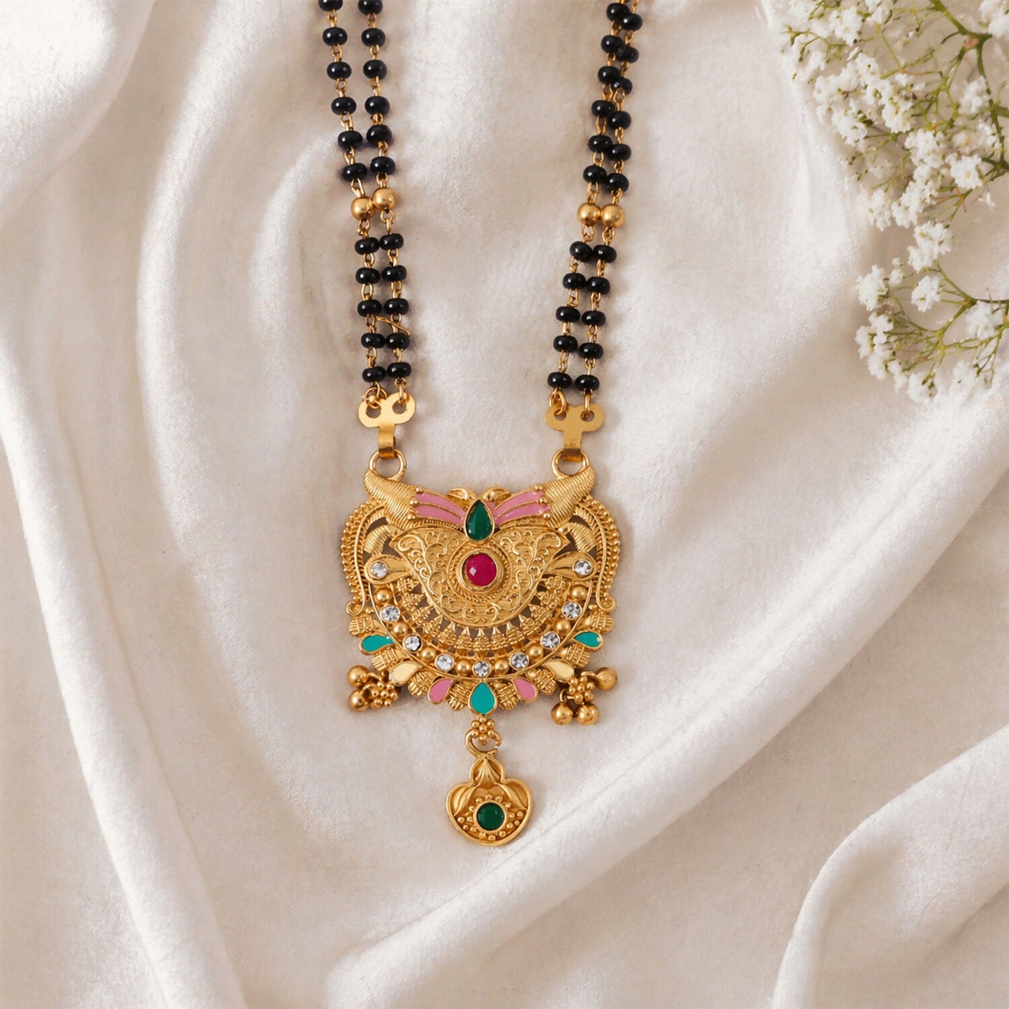 Crescent Wing Filigree Pendant with Pink Enamel Wings & Heart Locket Long Double Strand Mangalsutra
