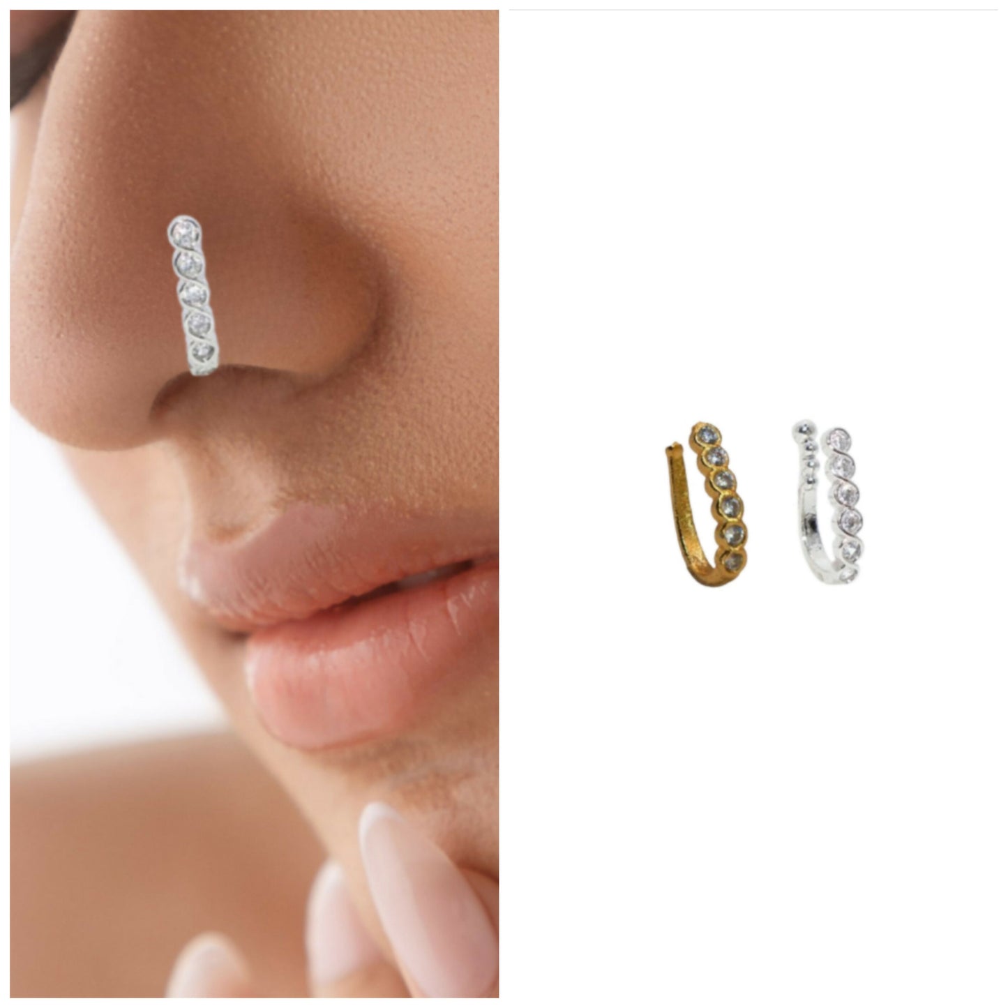 Dual-pack clip-on nose rings set featuring silver and gold tones with cubic zirconia stones