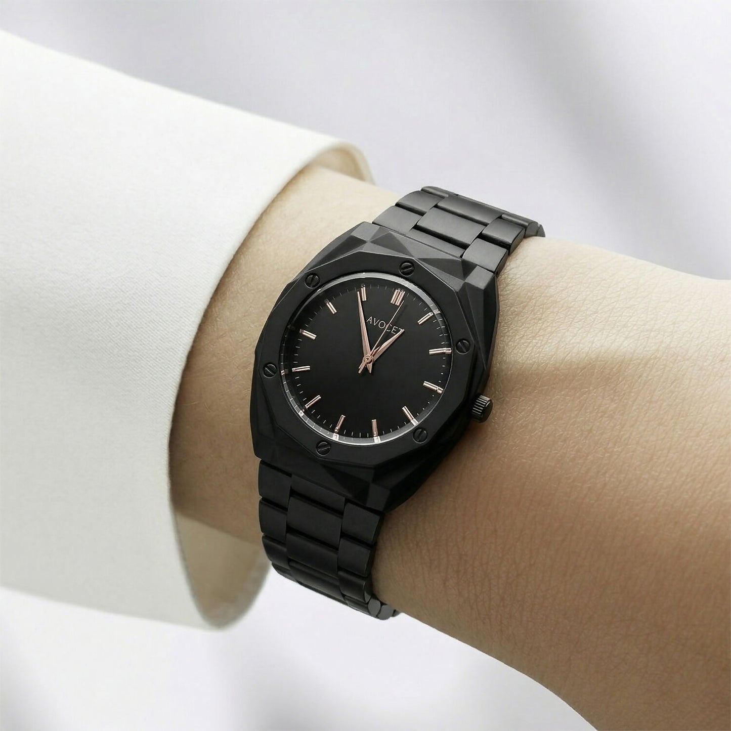 Luxury Matte Black Analog Watch with Geometric Dial Design & Metal Strap