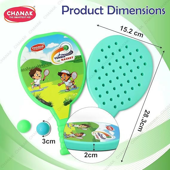 Lightweight plastic tennis racket set designed to encourage exercise and skill development for children.