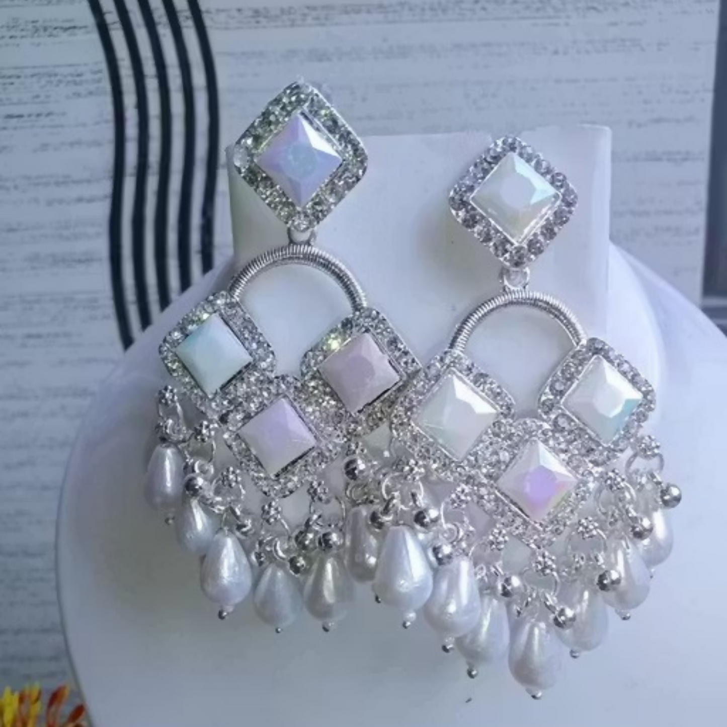 Elegant Silver Plated Chandelier Earrings Featuring Square Crystals and White Teardrop Beads