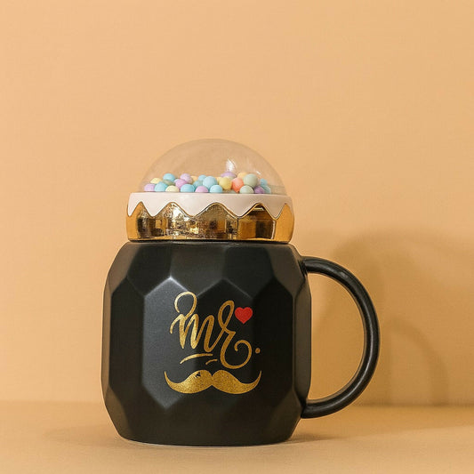 Premium MR Snow-Globe Ceramic Mug with Golden Crown Lid | Gift for Him | 400 ml