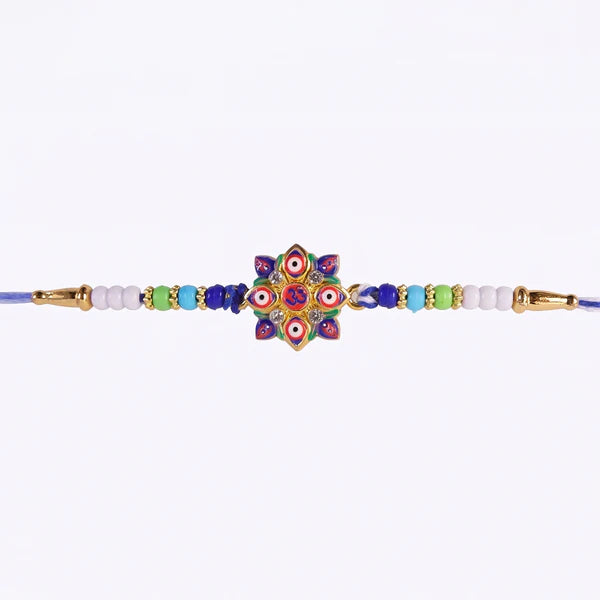Side view of the protective Evil Eye OM Star Rakhi with comfortable thread.
