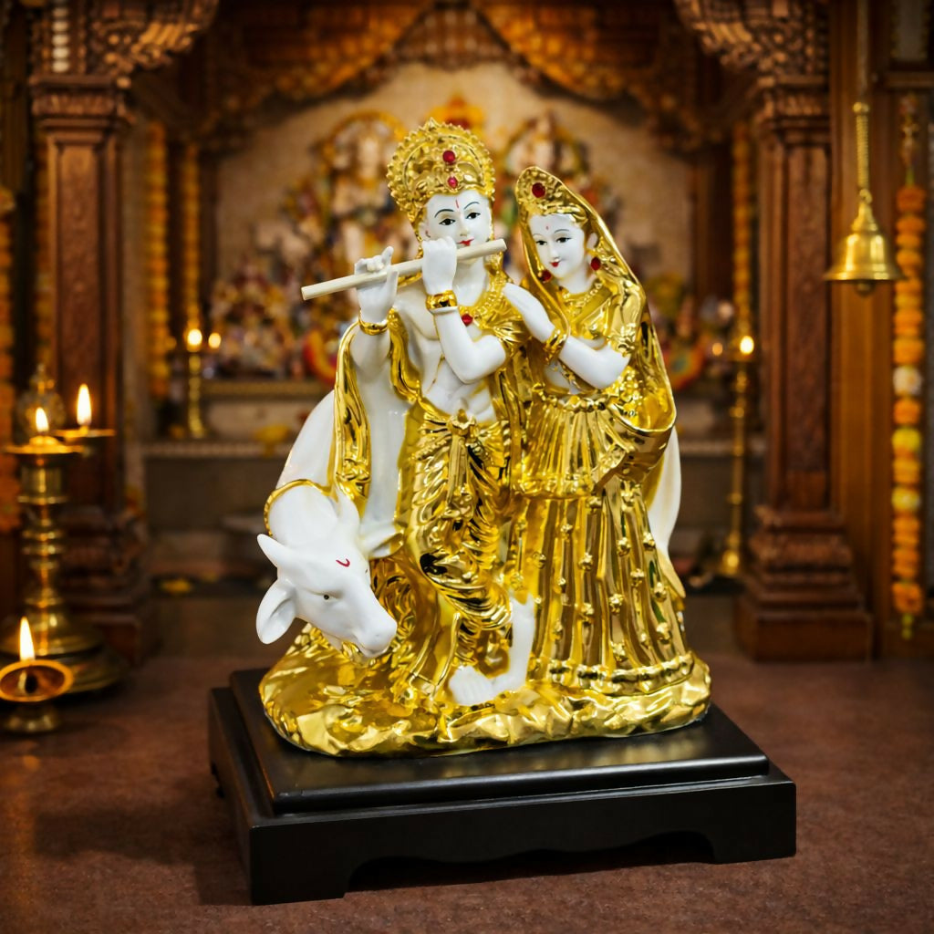 Radha Krishna with Cow Idol White and Golden Finish Statue for Home Temple Decor