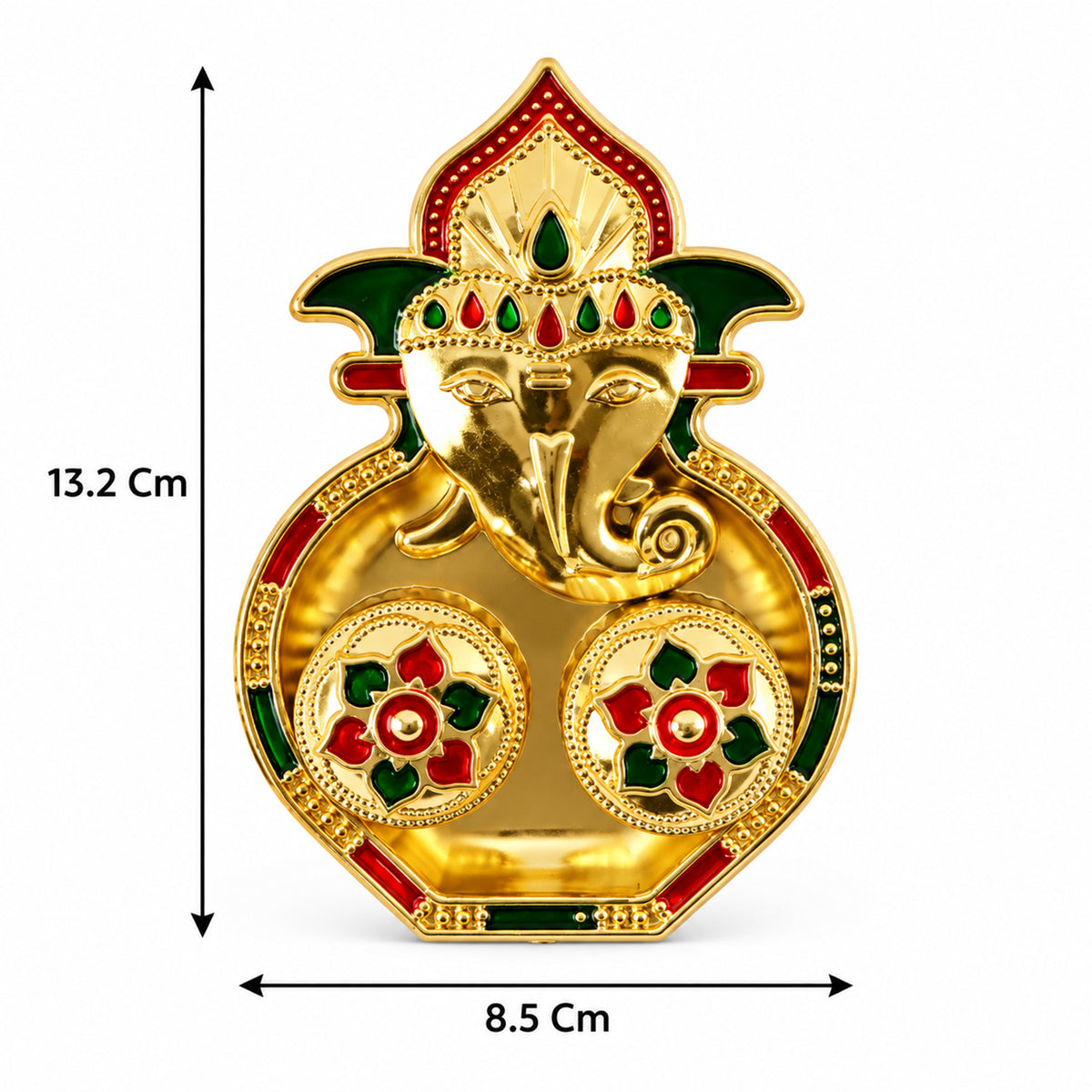 A golden Ganesha-shaped kumkum holder with red and green enamel details, showing dimensions of 13.2 cm by 8.5 cm.