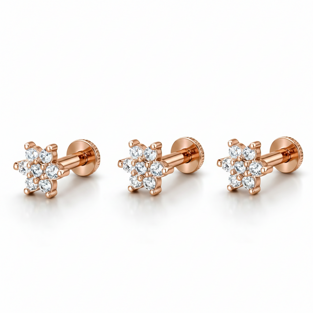 Flat-back labret post on rose gold crystal flower nose piercing for comfort