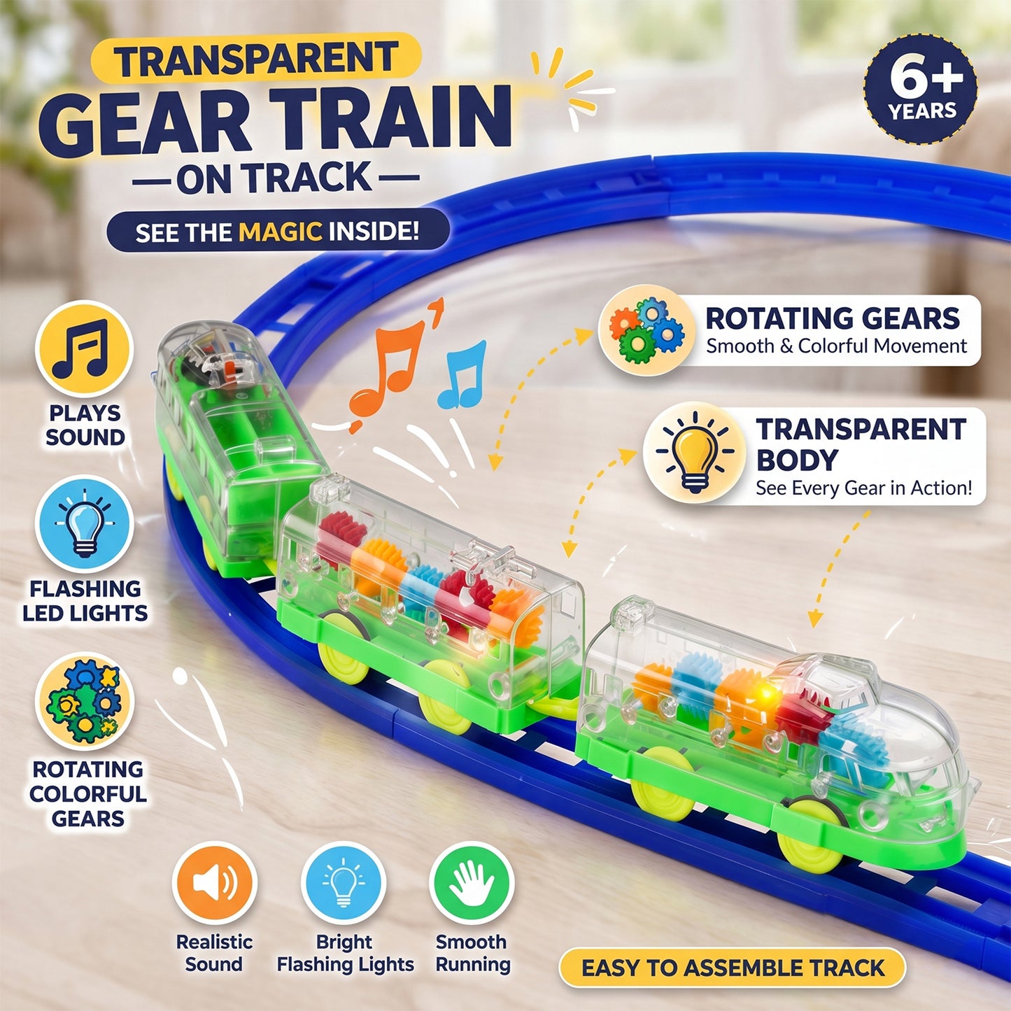 Interactive Train Set with Tracks, Lights & Music – Battery Operated, Transparent Design for Kids