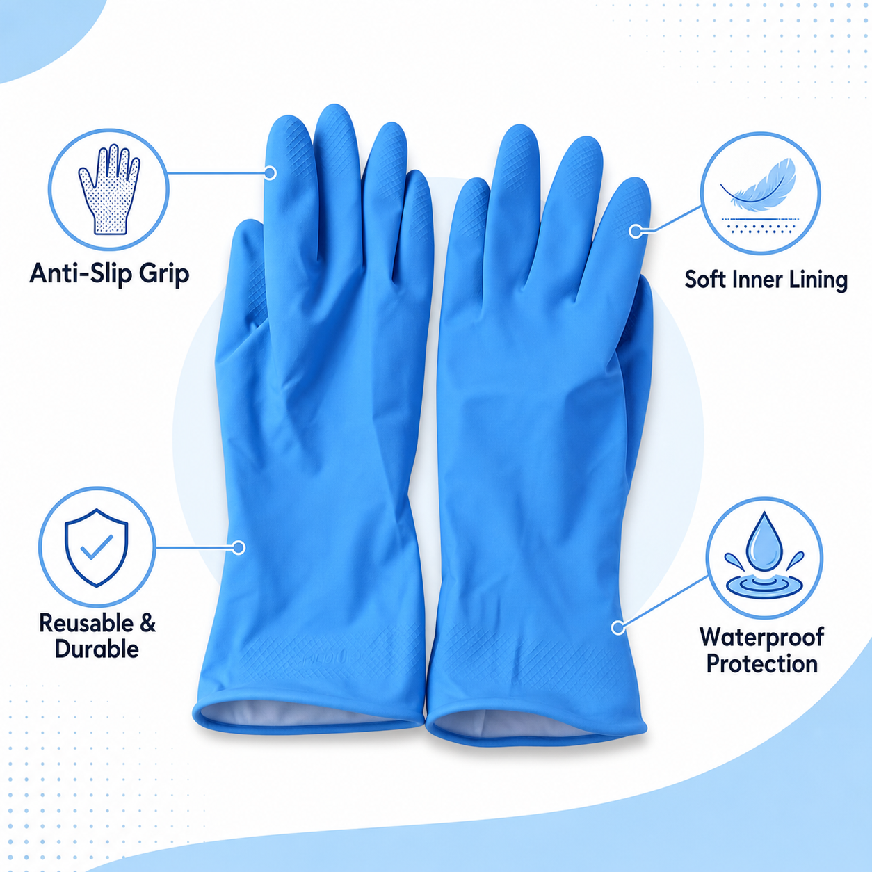 Reusable medium-sized blue rubber gloves