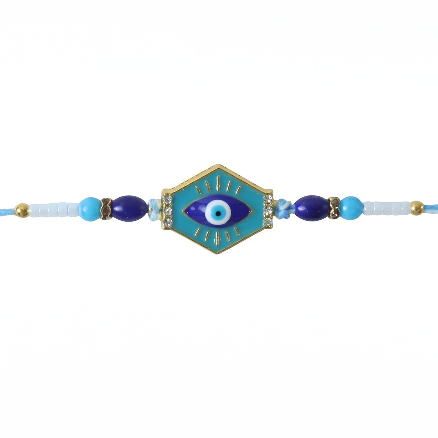 Decorative beads on turquoise evil eye Rakhi