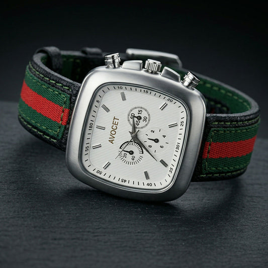 Premium Square Dial Multi-Function Analog Wrist Watch with Stylish Stripe Fabric-Leather Strap for Men