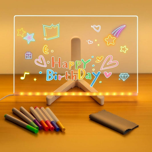 LED Message Writing Board 8x8 Inch with 6 Neon Color Markers, USB Powered Light Up Drawing Pad with Erasable Acrylic Surface for Kids, Birthday Parties, Restaurants, Cafés & Home Décor