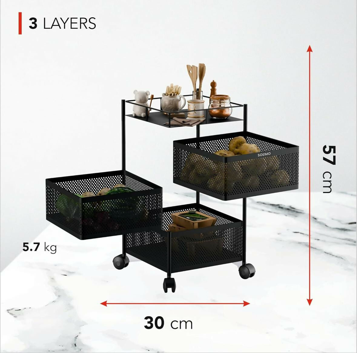 Side view of stainless steel kitchen trolley with space for fruits and vegetables