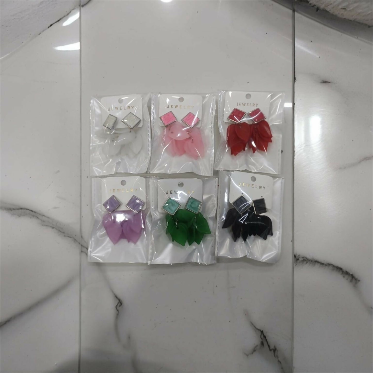 Premium Acrylic Petal Drop Earrings with Square Stud Top – Multicolor Fashion Collection (Pack Of 6)