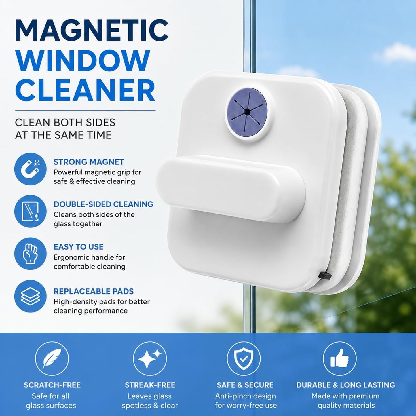 Double Sided Magnetic Window Cleaner, Glass Wiper with Safety Rope (1 Set)