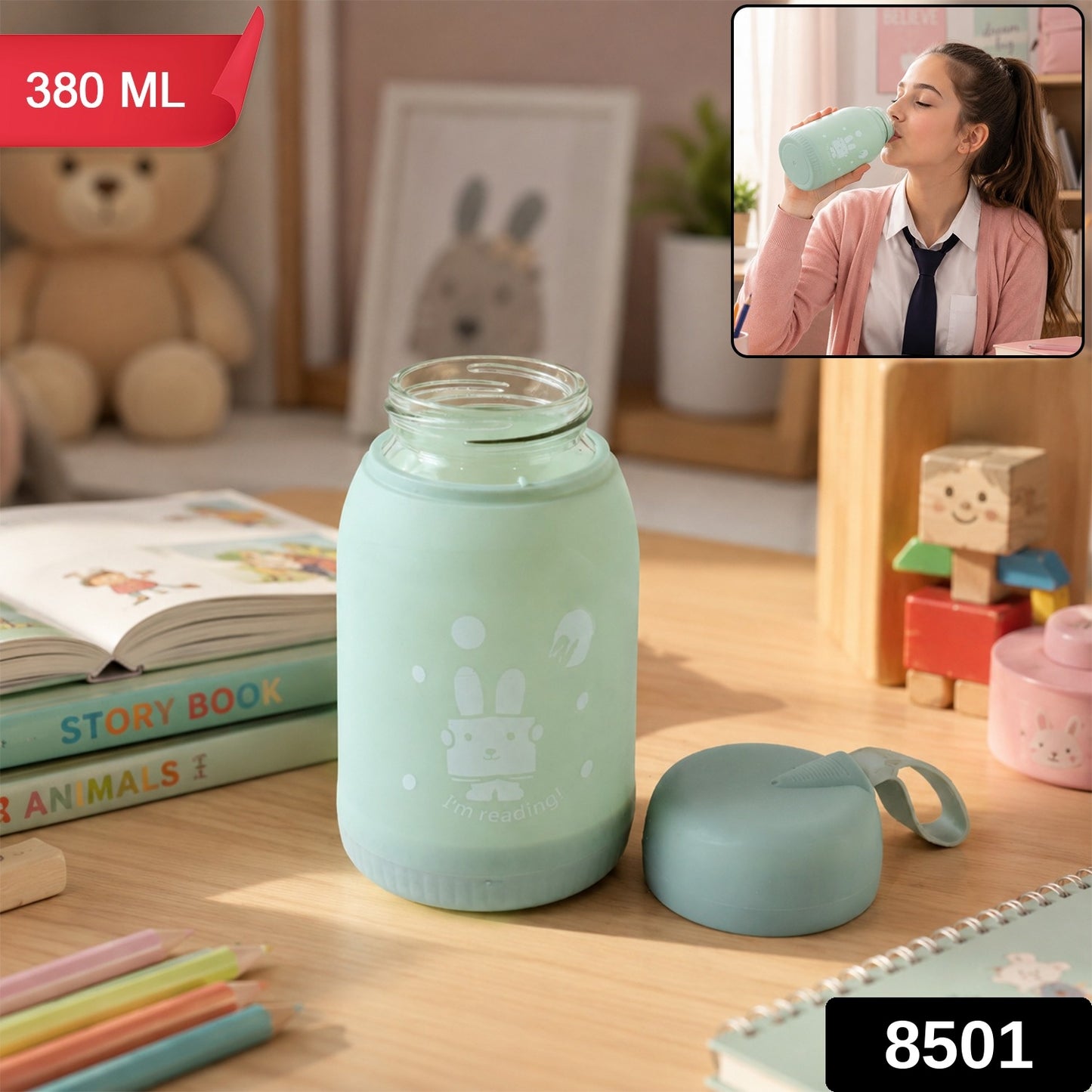 Glass Water Bottle 380ml with Lid (1 Pc)