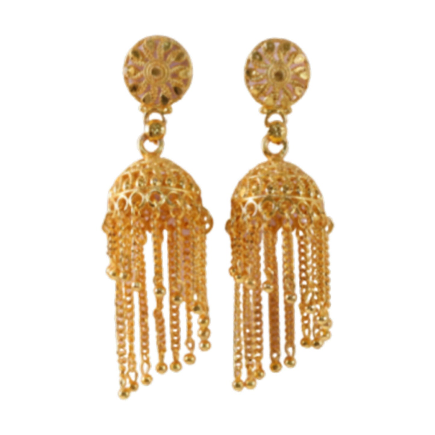 Golden Chain Tassel Jhumka Earrings artistic shot